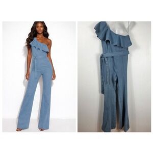Flying Tomato One Shoulder Denim Jumpsuit Womens M Blue Ruffle Wide Leg Glam